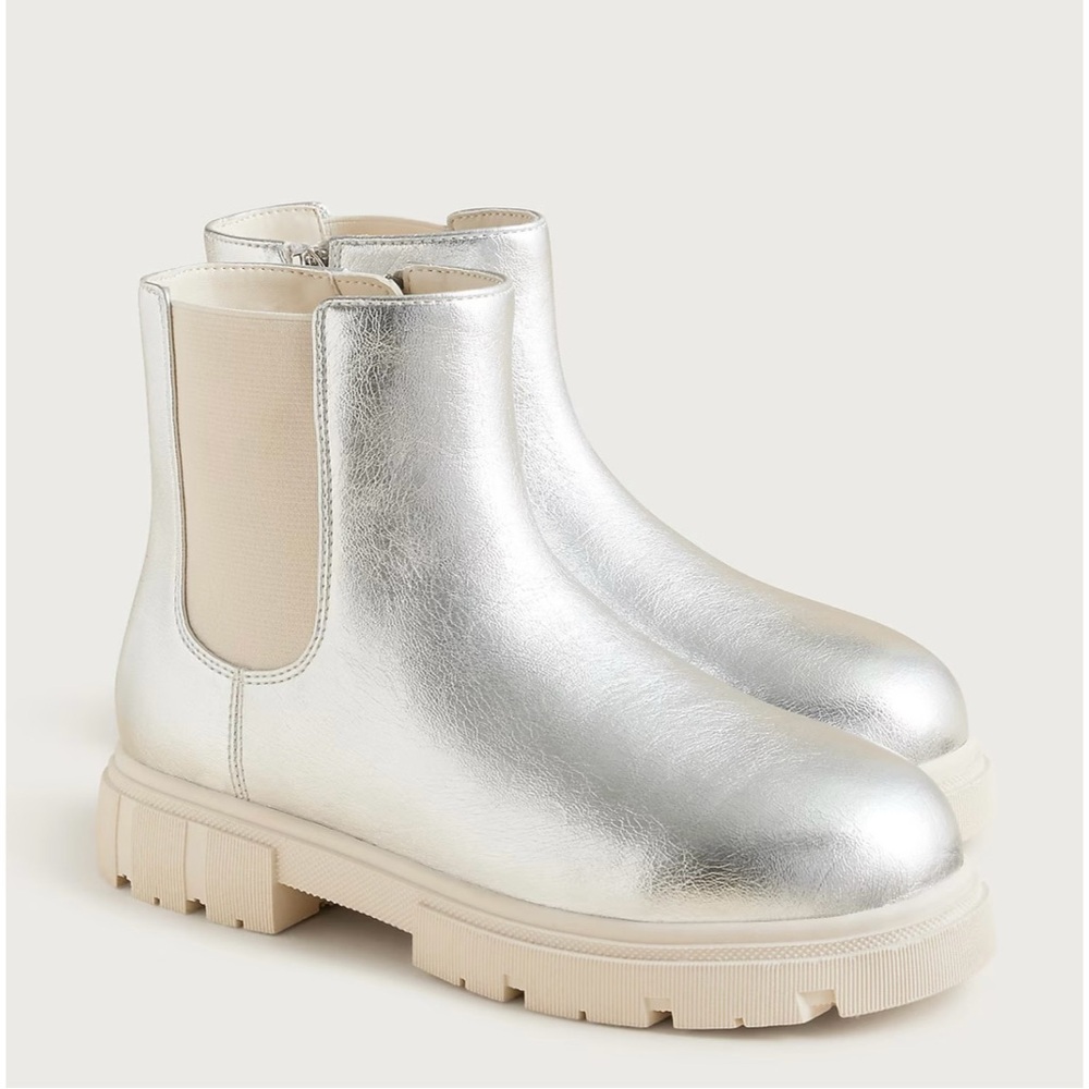 NWT J. Crew Crewcuts Girls' Lug-sole Boots Metallic Crinkle Silver